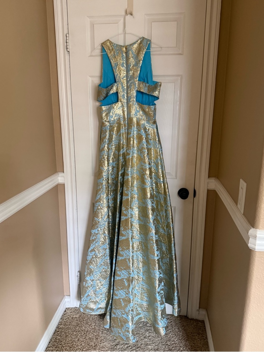Mac Duggal Gold and Light Blue V-Neck Jacquard Gown - Picture 4 of 5